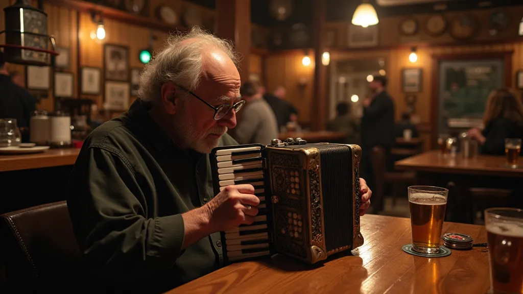 Man restoring an accordion in a taproom