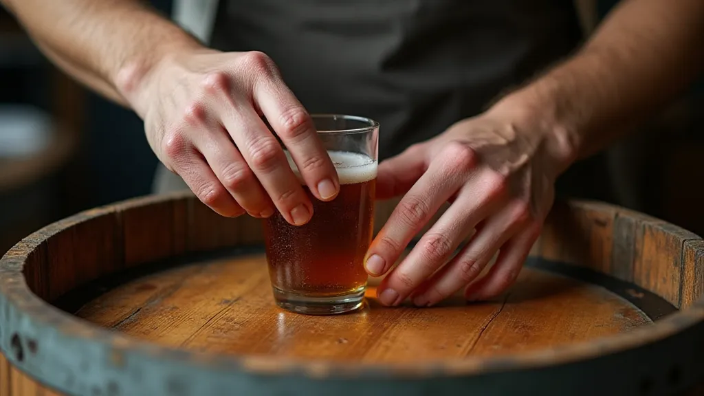 Brewer carefully tending to a wooden cask.