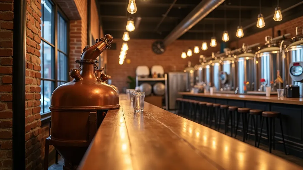 Modern brewery interior with repurposed still