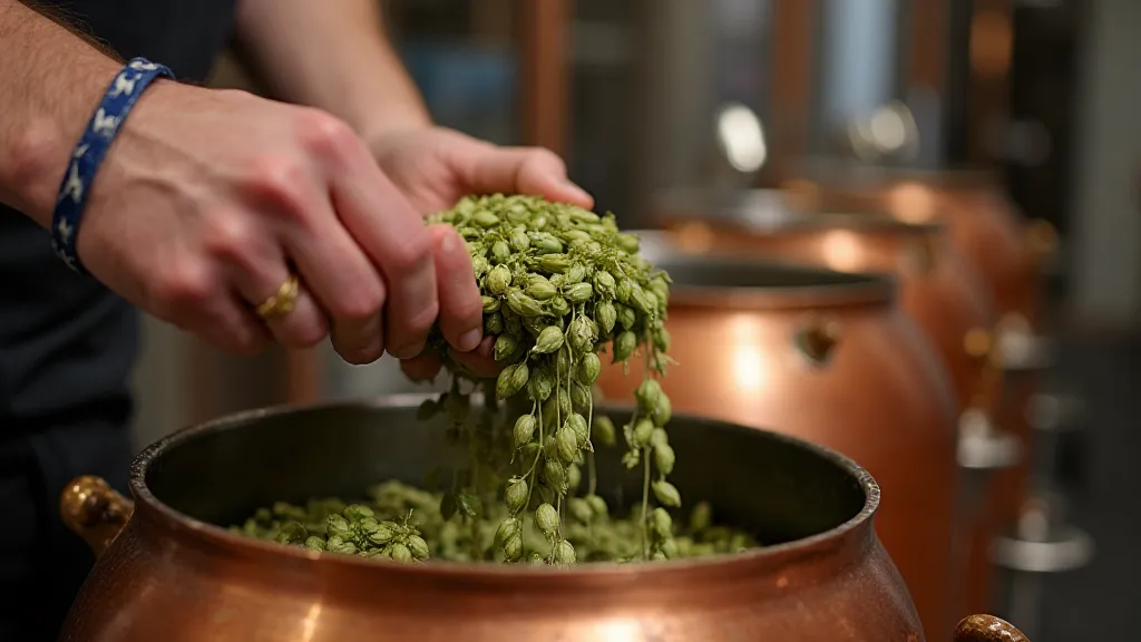 Brewer adding hops to kettle