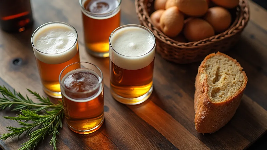 Still life of craft beer bottles and ingredients.