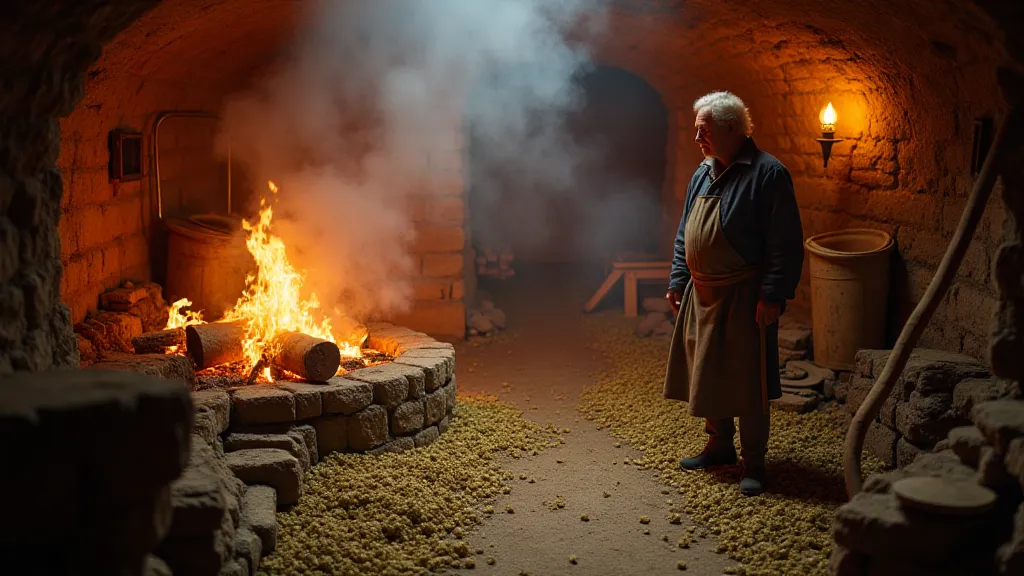 Interior of a traditional hop kiln with a kiln master tending the fire.