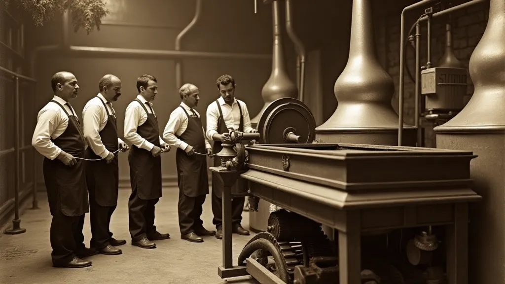 Brewers manually turning a mash tun in 1910.