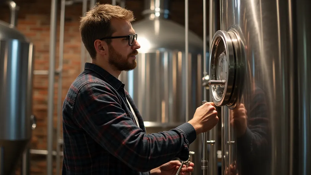 Brewer inspecting a fermenting tank