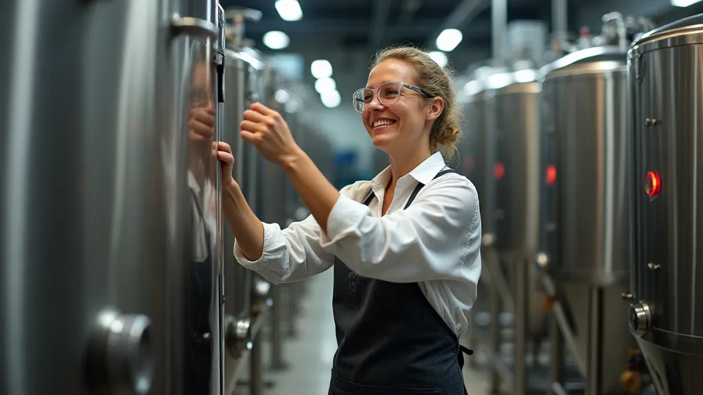 Modern female brewer inspecting a fermenting tank