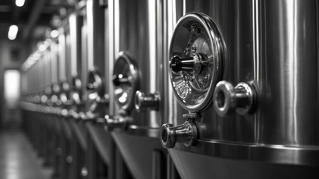 Stainless steel brewing tanks in a modern brewery.